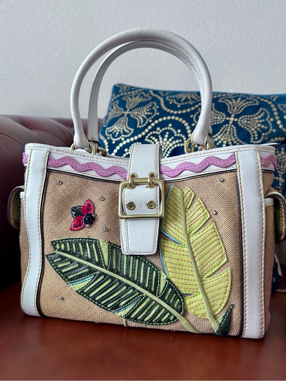 Coach Original Vintage Ladybug Leaf Limited Edition  Hampton Burlap Leather Tote